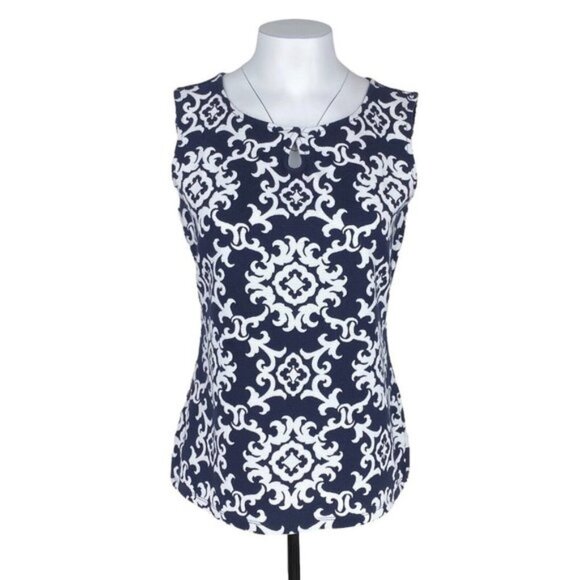 Talbots Navy Blue Floral Print Keyhole Top Sz  Small - Picture 1 of 3